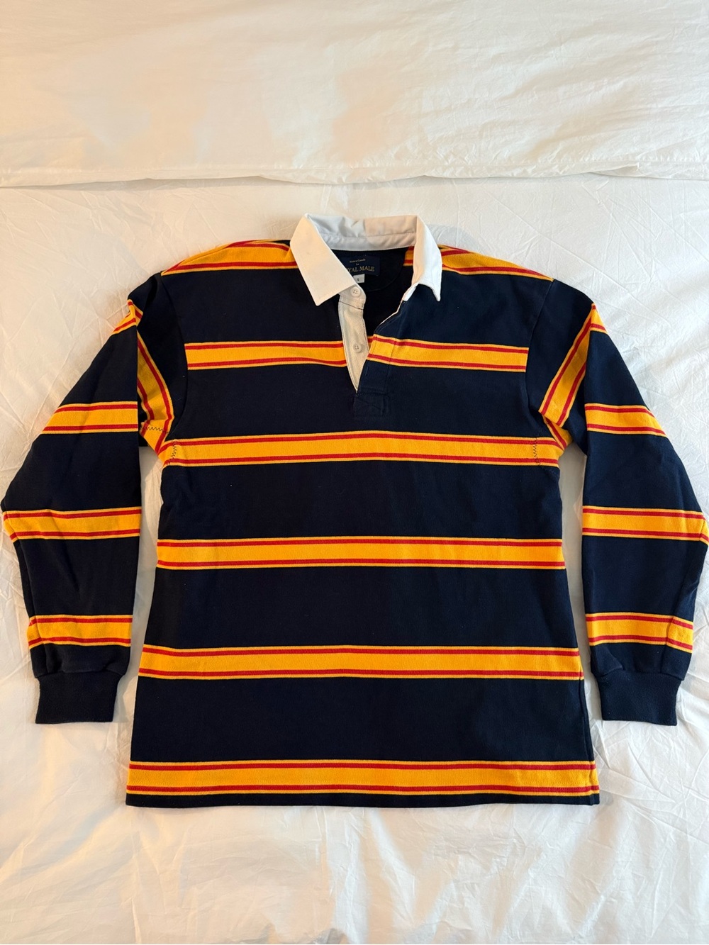 Striped Long-Sleeve Rugby Polo - Navy, Orange, & Red Stripes